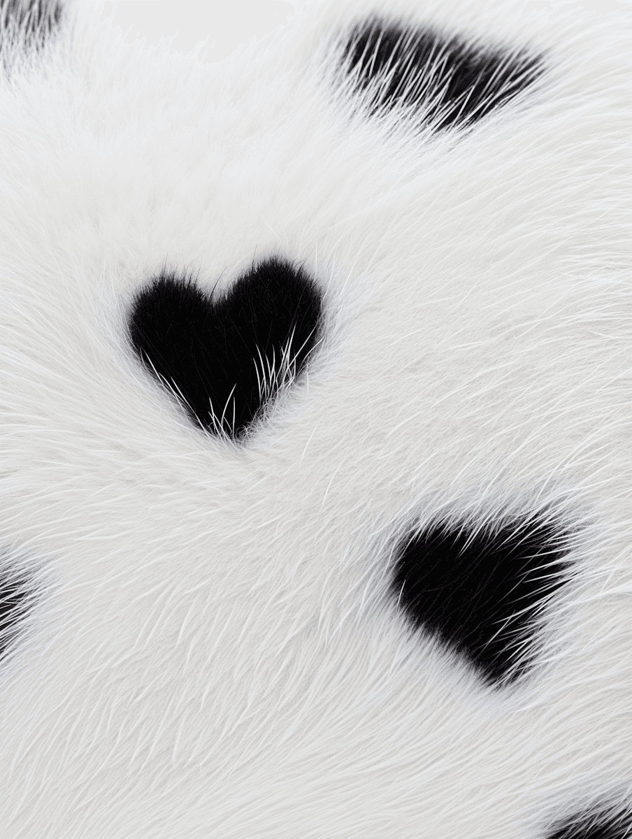 Close-up of white fur with black heart-shaped spots—soft, high-contrast texture for fashion/home décor.