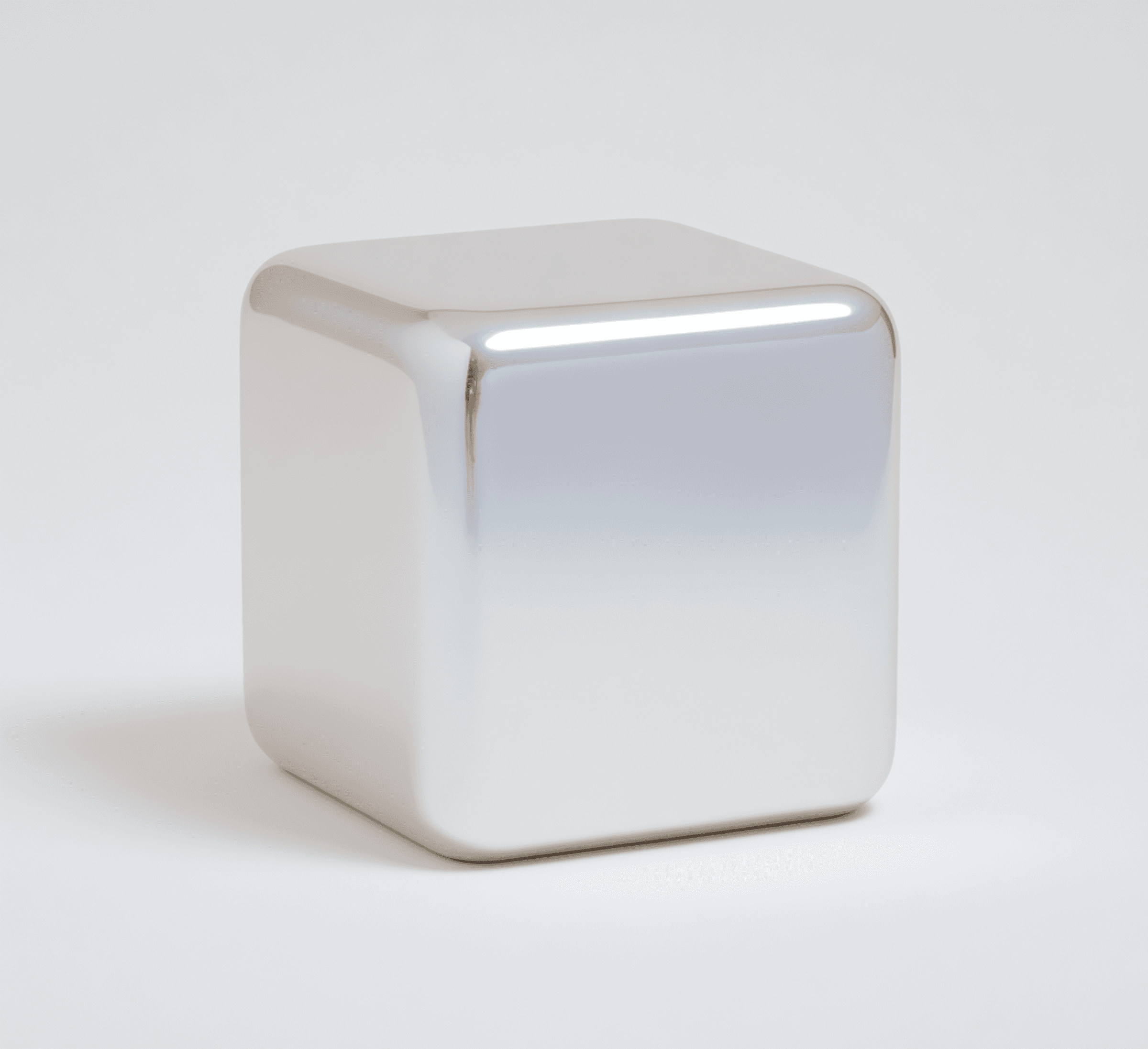 Chrome gradient cube with rounded edges on a white background—minimal 3D object for modern product design.