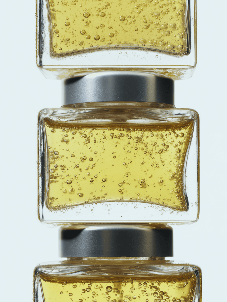 Stacked square glass jars filled with golden serum and bubbles, silver lids—luxury skincare packaging on a light background.